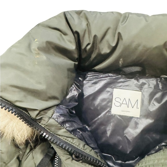 SAM.***Long Olive Green Belt Puffer Jacket Hooded w/Fur Trim***Size 10 $495 EUC - Picture 9 of 9
